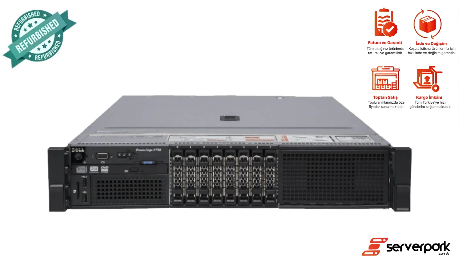 DELL R730 - 8SFF / 2 x E5- 2690 V4 CPU / 256GB DDR4 RAM / 1GB RAID / 2 x 750W PS / Universal Raf Kızak