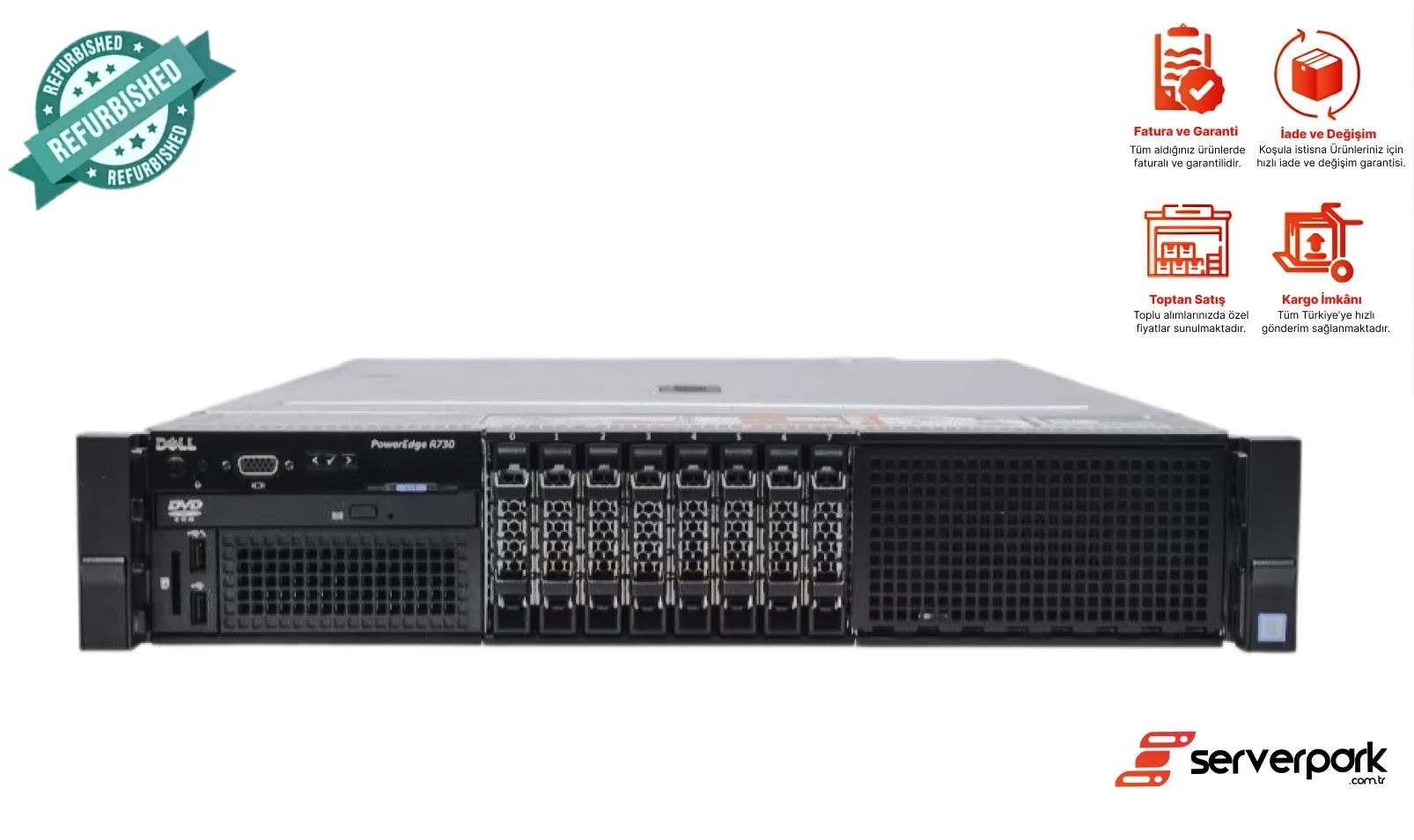 DELL R730 - 8SFF / 2 x E5- 2680 V4 CPU / 256GB DDR4 RAM / 1GB RAID / 2 x 750W PS / Universal Raf Kızak