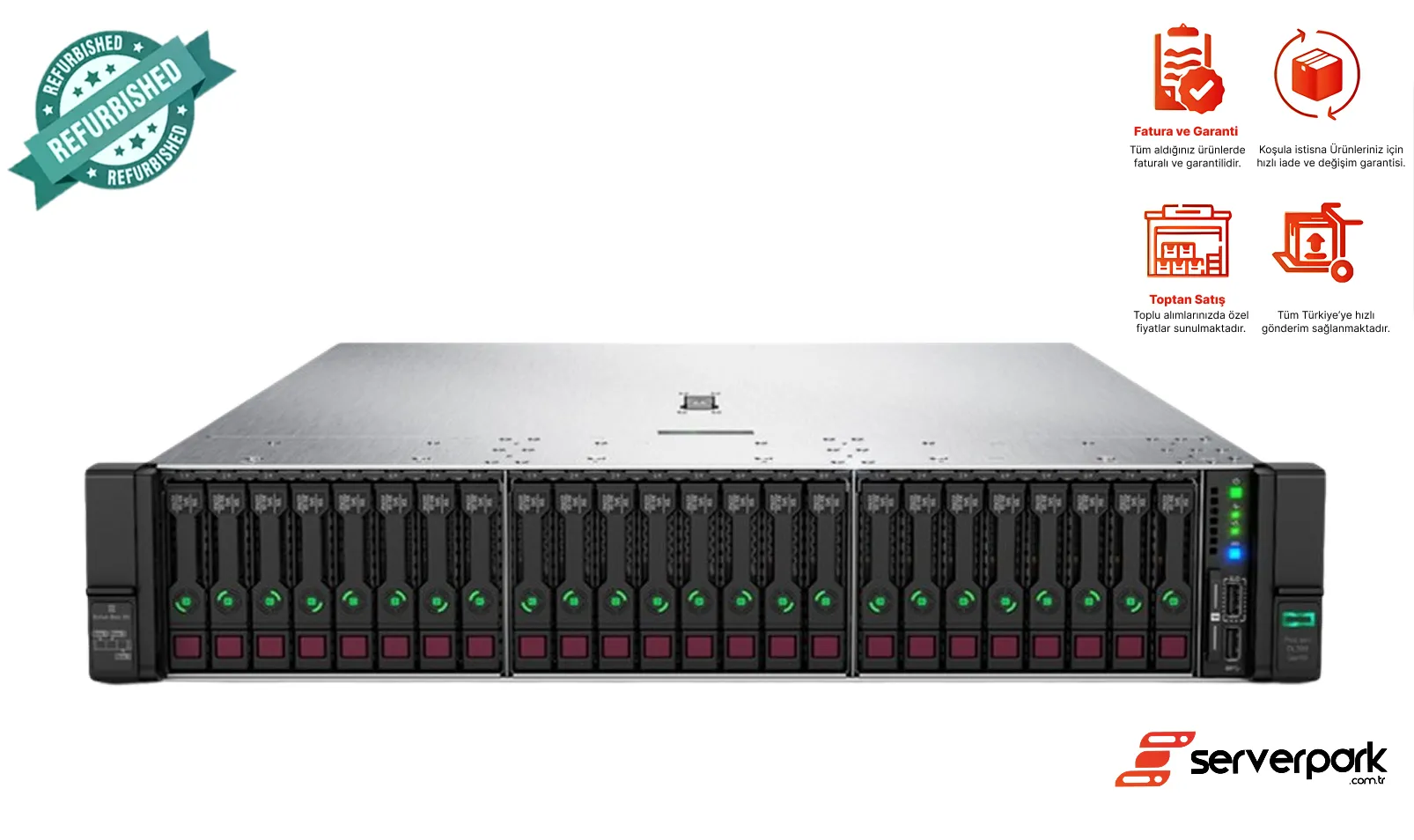 HP DL 380 GEN10 - 24SFF ( 6 NVME + 18 SATA / SAS ) / 2 x Intel® Xeon® Gold 6240R CPU / 128 GB DDR4 / 2 GB Raid / 2 x 800 PS / Orjinal Rail Kit