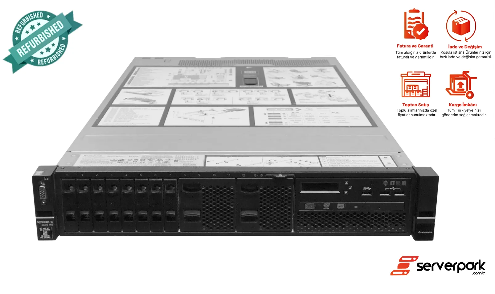 Lenovo 3650 M5/ 2 x  E5- 2697 V4 CPU / 256GB DDR4 RAM / 1GB RAID / 2 x 900W PS / Universal Raf Kızak 
